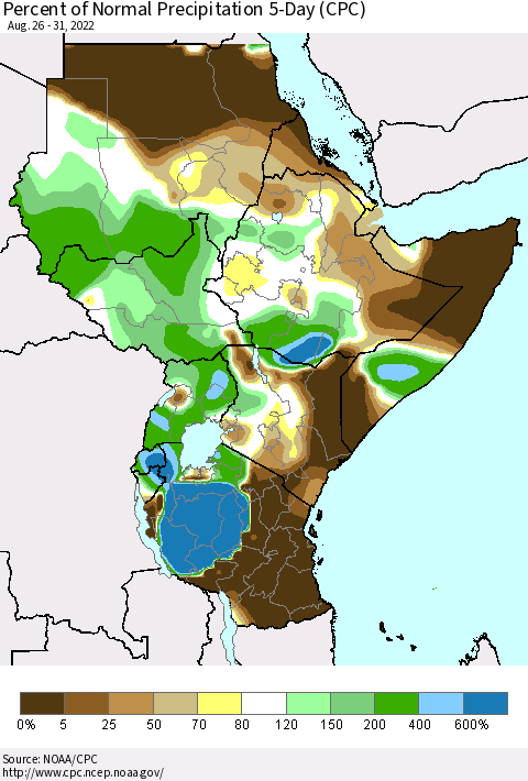 Eastern Africa Percent of Normal Precipitation 5-Day (CPC) Thematic Map For 8/26/2022 - 8/31/2022