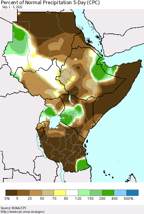 Eastern Africa Percent of Normal Precipitation 5-Day (CPC) Thematic Map For 9/1/2022 - 9/5/2022