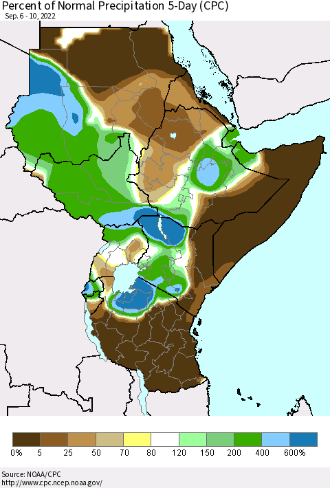 Eastern Africa Percent of Normal Precipitation 5-Day (CPC) Thematic Map For 9/6/2022 - 9/10/2022
