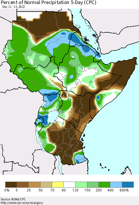 Eastern Africa Percent of Normal Precipitation 5-Day (CPC) Thematic Map For 9/11/2022 - 9/15/2022