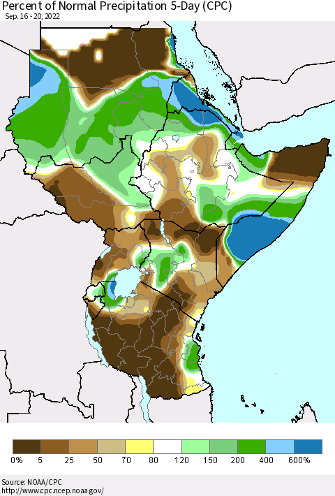 Eastern Africa Percent of Normal Precipitation 5-Day (CPC) Thematic Map For 9/16/2022 - 9/20/2022