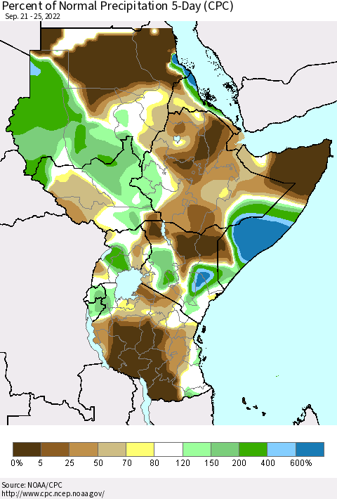 Eastern Africa Percent of Normal Precipitation 5-Day (CPC) Thematic Map For 9/21/2022 - 9/25/2022