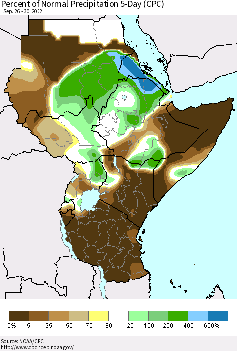 Eastern Africa Percent of Normal Precipitation 5-Day (CPC) Thematic Map For 9/26/2022 - 9/30/2022
