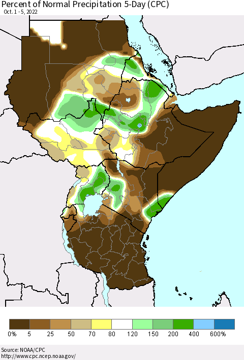Eastern Africa Percent of Normal Precipitation 5-Day (CPC) Thematic Map For 10/1/2022 - 10/5/2022