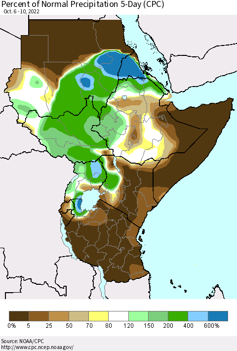 Eastern Africa Percent of Normal Precipitation 5-Day (CPC) Thematic Map For 10/6/2022 - 10/10/2022