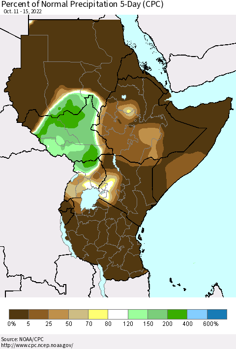 Eastern Africa Percent of Normal Precipitation 5-Day (CPC) Thematic Map For 10/11/2022 - 10/15/2022