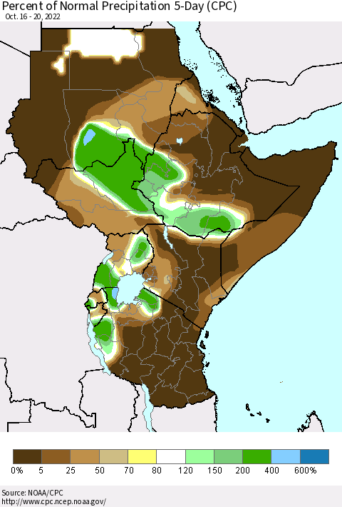 Eastern Africa Percent of Normal Precipitation 5-Day (CPC) Thematic Map For 10/16/2022 - 10/20/2022