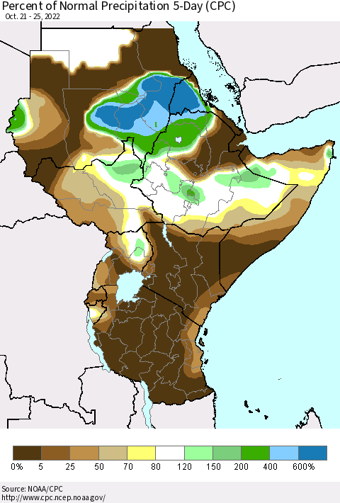 Eastern Africa Percent of Normal Precipitation 5-Day (CPC) Thematic Map For 10/21/2022 - 10/25/2022