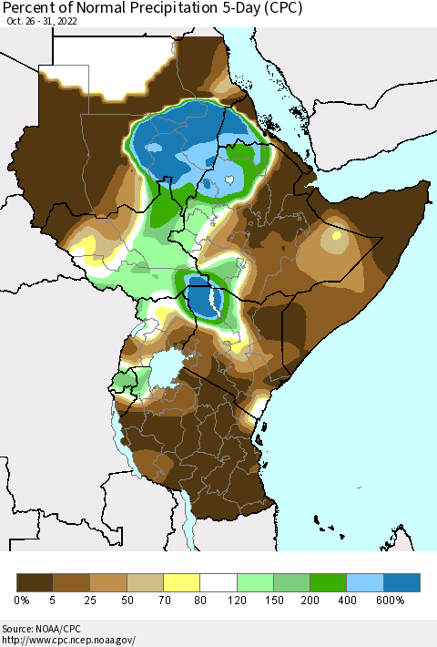 Eastern Africa Percent of Normal Precipitation 5-Day (CPC) Thematic Map For 10/26/2022 - 10/31/2022