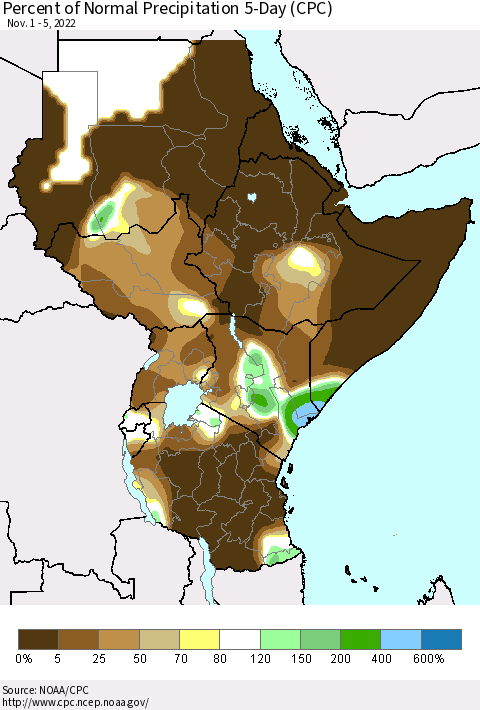 Eastern Africa Percent of Normal Precipitation 5-Day (CPC) Thematic Map For 11/1/2022 - 11/5/2022