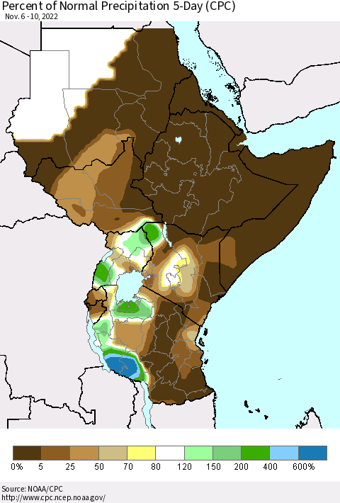 Eastern Africa Percent of Normal Precipitation 5-Day (CPC) Thematic Map For 11/6/2022 - 11/10/2022