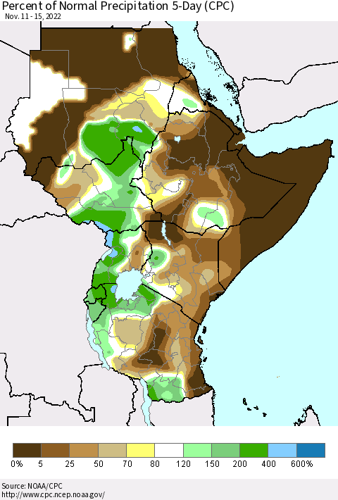 Eastern Africa Percent of Normal Precipitation 5-Day (CPC) Thematic Map For 11/11/2022 - 11/15/2022