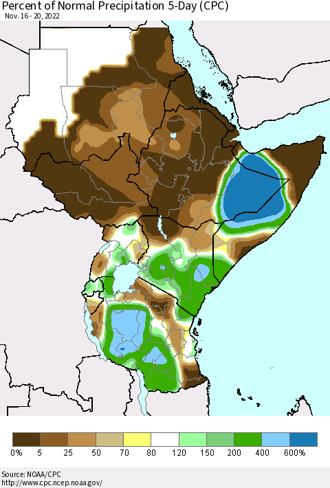 Eastern Africa Percent of Normal Precipitation 5-Day (CPC) Thematic Map For 11/16/2022 - 11/20/2022