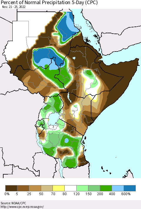 Eastern Africa Percent of Normal Precipitation 5-Day (CPC) Thematic Map For 11/21/2022 - 11/25/2022