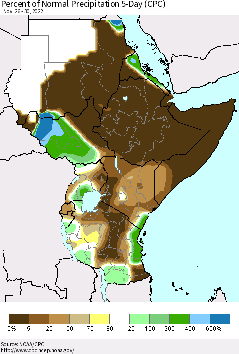 Eastern Africa Percent of Normal Precipitation 5-Day (CPC) Thematic Map For 11/26/2022 - 11/30/2022