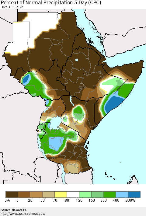 Eastern Africa Percent of Normal Precipitation 5-Day (CPC) Thematic Map For 12/1/2022 - 12/5/2022