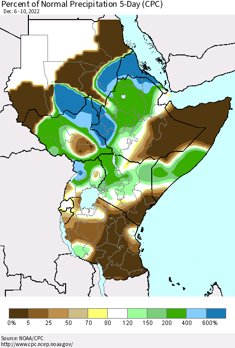 Eastern Africa Percent of Normal Precipitation 5-Day (CPC) Thematic Map For 12/6/2022 - 12/10/2022