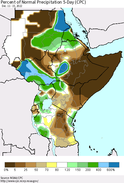 Eastern Africa Percent of Normal Precipitation 5-Day (CPC) Thematic Map For 12/11/2022 - 12/15/2022