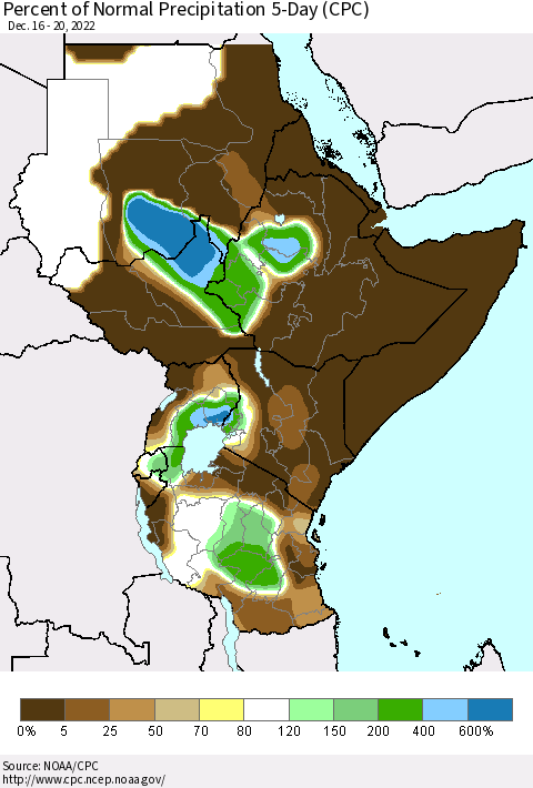 Eastern Africa Percent of Normal Precipitation 5-Day (CPC) Thematic Map For 12/16/2022 - 12/20/2022