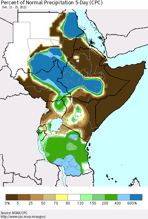 Eastern Africa Percent of Normal Precipitation 5-Day (CPC) Thematic Map For 12/21/2022 - 12/25/2022