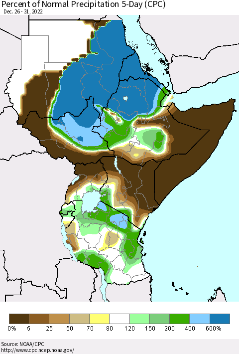 Eastern Africa Percent of Normal Precipitation 5-Day (CPC) Thematic Map For 12/26/2022 - 12/31/2022