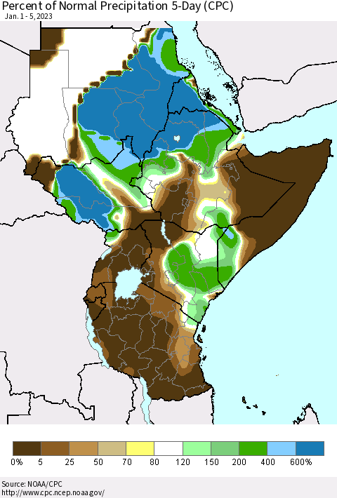 Eastern Africa Percent of Normal Precipitation 5-Day (CPC) Thematic Map For 1/1/2023 - 1/5/2023