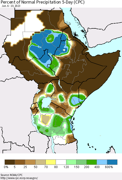 Eastern Africa Percent of Normal Precipitation 5-Day (CPC) Thematic Map For 1/6/2023 - 1/10/2023