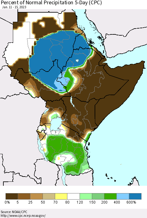 Eastern Africa Percent of Normal Precipitation 5-Day (CPC) Thematic Map For 1/11/2023 - 1/15/2023