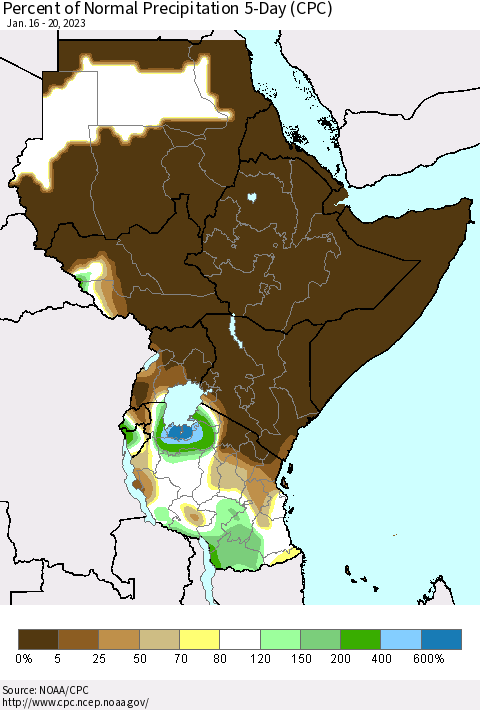 Eastern Africa Percent of Normal Precipitation 5-Day (CPC) Thematic Map For 1/16/2023 - 1/20/2023