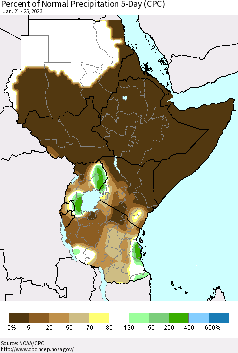 Eastern Africa Percent of Normal Precipitation 5-Day (CPC) Thematic Map For 1/21/2023 - 1/25/2023