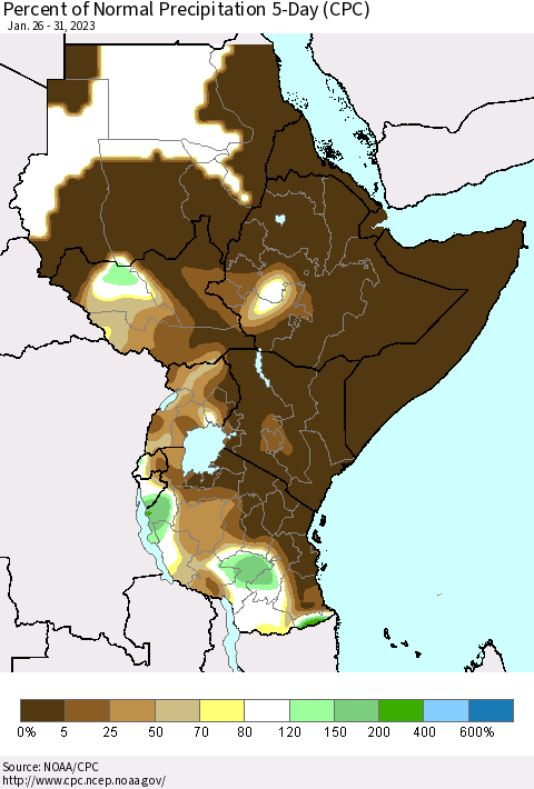 Eastern Africa Percent of Normal Precipitation 5-Day (CPC) Thematic Map For 1/26/2023 - 1/31/2023