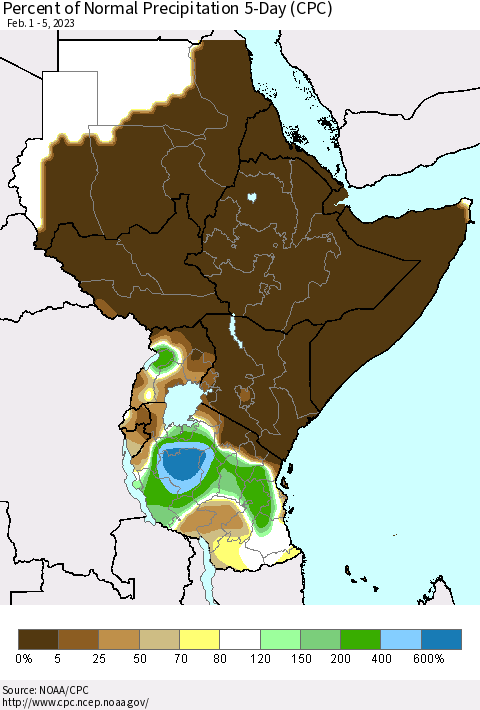 Eastern Africa Percent of Normal Precipitation 5-Day (CPC) Thematic Map For 2/1/2023 - 2/5/2023