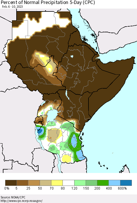 Eastern Africa Percent of Normal Precipitation 5-Day (CPC) Thematic Map For 2/6/2023 - 2/10/2023