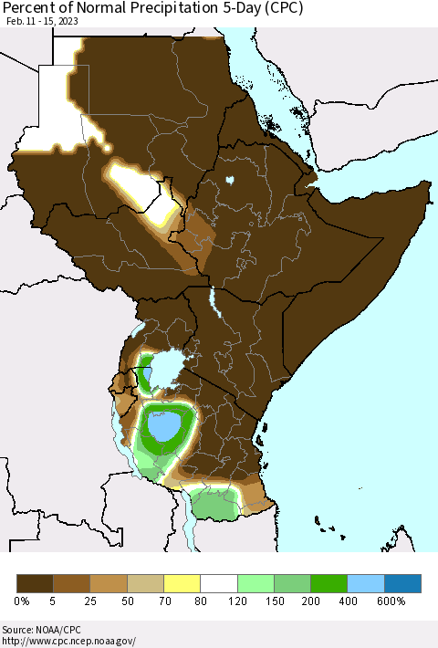 Eastern Africa Percent of Normal Precipitation 5-Day (CPC) Thematic Map For 2/11/2023 - 2/15/2023