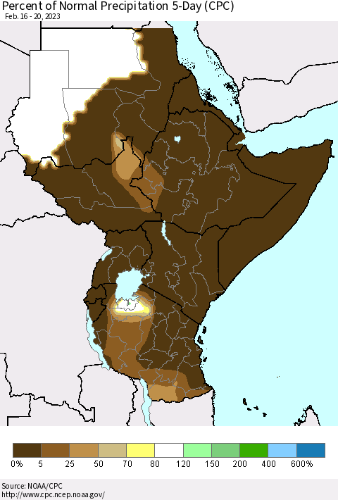 Eastern Africa Percent of Normal Precipitation 5-Day (CPC) Thematic Map For 2/16/2023 - 2/20/2023