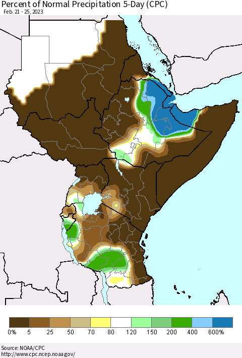 Eastern Africa Percent of Normal Precipitation 5-Day (CPC) Thematic Map For 2/21/2023 - 2/25/2023