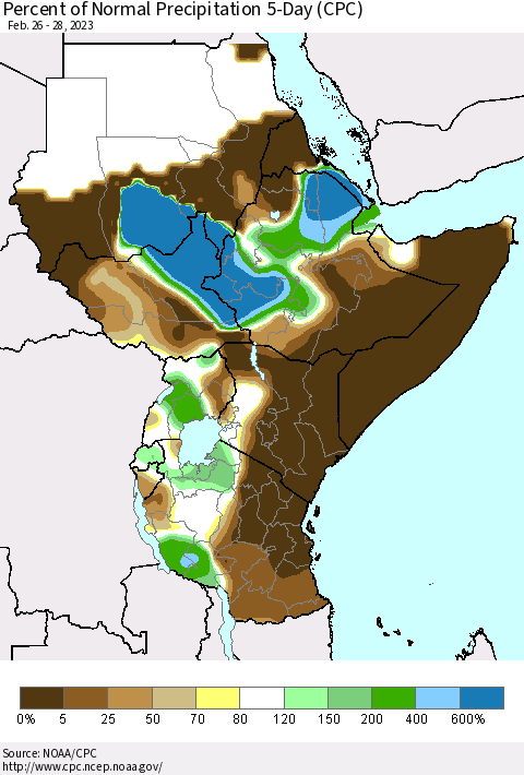 Eastern Africa Percent of Normal Precipitation 5-Day (CPC) Thematic Map For 2/26/2023 - 2/28/2023
