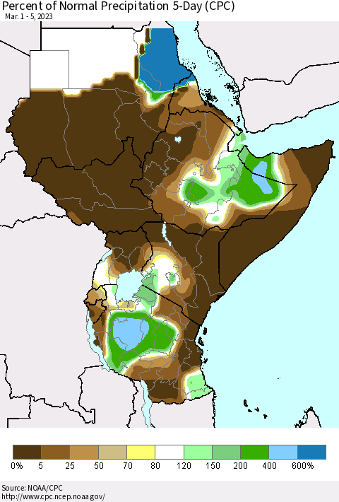 Eastern Africa Percent of Normal Precipitation 5-Day (CPC) Thematic Map For 3/1/2023 - 3/5/2023