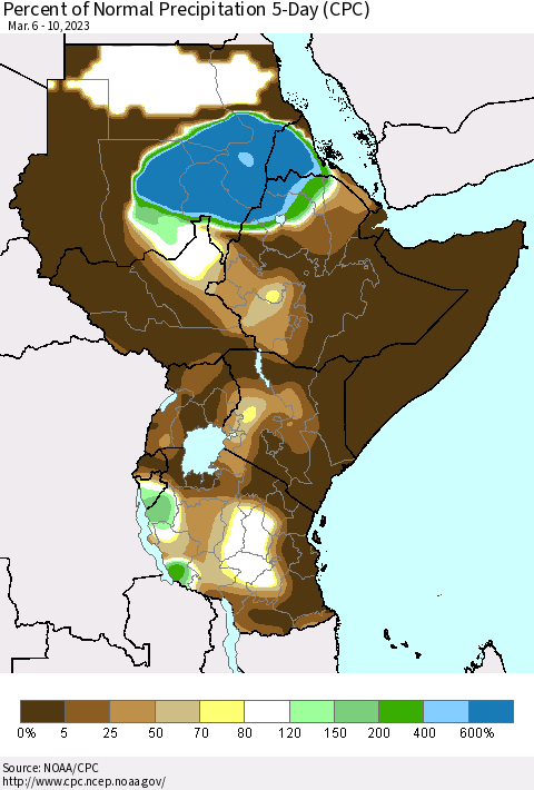Eastern Africa Percent of Normal Precipitation 5-Day (CPC) Thematic Map For 3/6/2023 - 3/10/2023