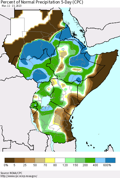 Eastern Africa Percent of Normal Precipitation 5-Day (CPC) Thematic Map For 3/11/2023 - 3/15/2023