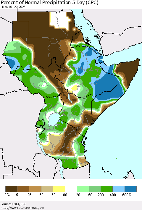 Eastern Africa Percent of Normal Precipitation 5-Day (CPC) Thematic Map For 3/16/2023 - 3/20/2023