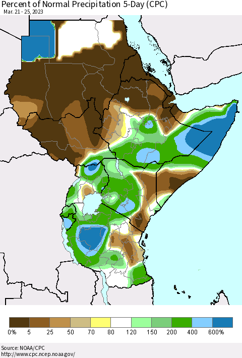 Eastern Africa Percent of Normal Precipitation 5-Day (CPC) Thematic Map For 3/21/2023 - 3/25/2023