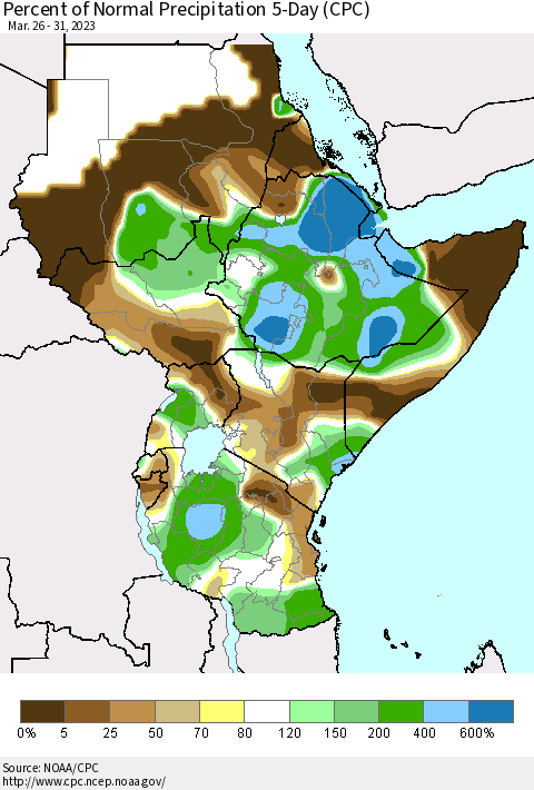 Eastern Africa Percent of Normal Precipitation 5-Day (CPC) Thematic Map For 3/26/2023 - 3/31/2023