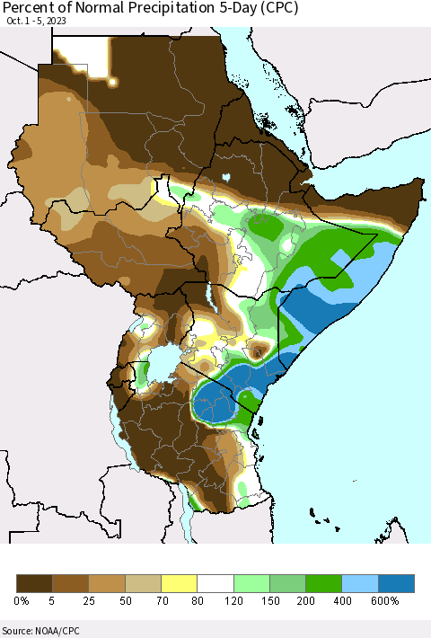 Eastern Africa Percent of Normal Precipitation 5-Day (CPC) Thematic Map For 10/1/2023 - 10/5/2023