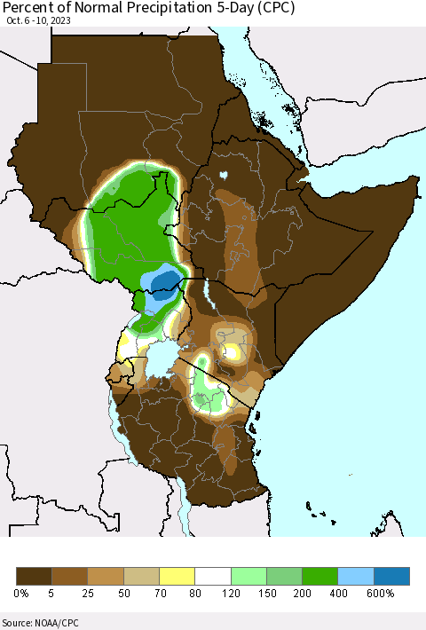 Eastern Africa Percent of Normal Precipitation 5-Day (CPC) Thematic Map For 10/6/2023 - 10/10/2023