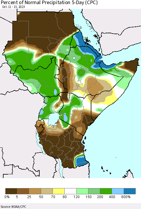 Eastern Africa Percent of Normal Precipitation 5-Day (CPC) Thematic Map For 10/11/2023 - 10/15/2023