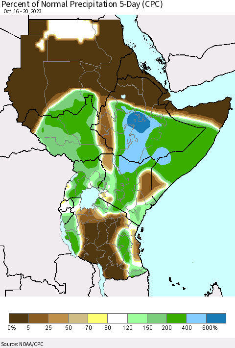 Eastern Africa Percent of Normal Precipitation 5-Day (CPC) Thematic Map For 10/16/2023 - 10/20/2023
