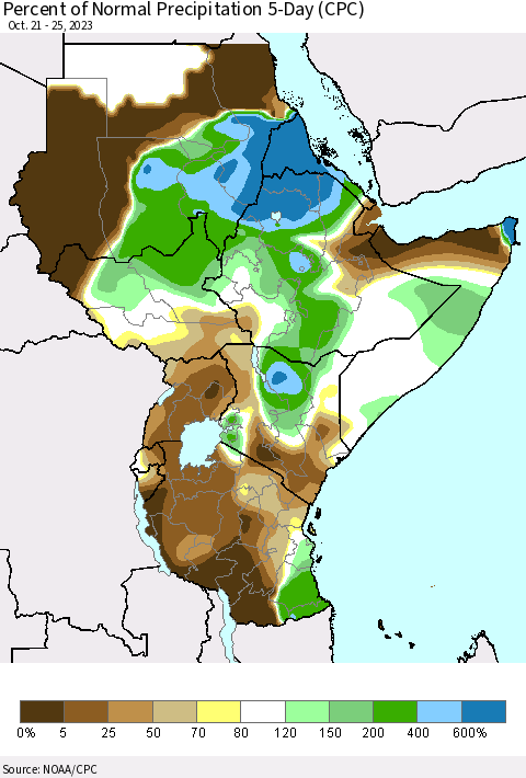 Eastern Africa Percent of Normal Precipitation 5-Day (CPC) Thematic Map For 10/21/2023 - 10/25/2023