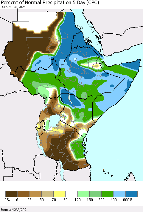 Eastern Africa Percent of Normal Precipitation 5-Day (CPC) Thematic Map For 10/26/2023 - 10/31/2023