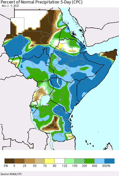 Eastern Africa Percent of Normal Precipitation 5-Day (CPC) Thematic Map For 11/1/2023 - 11/5/2023